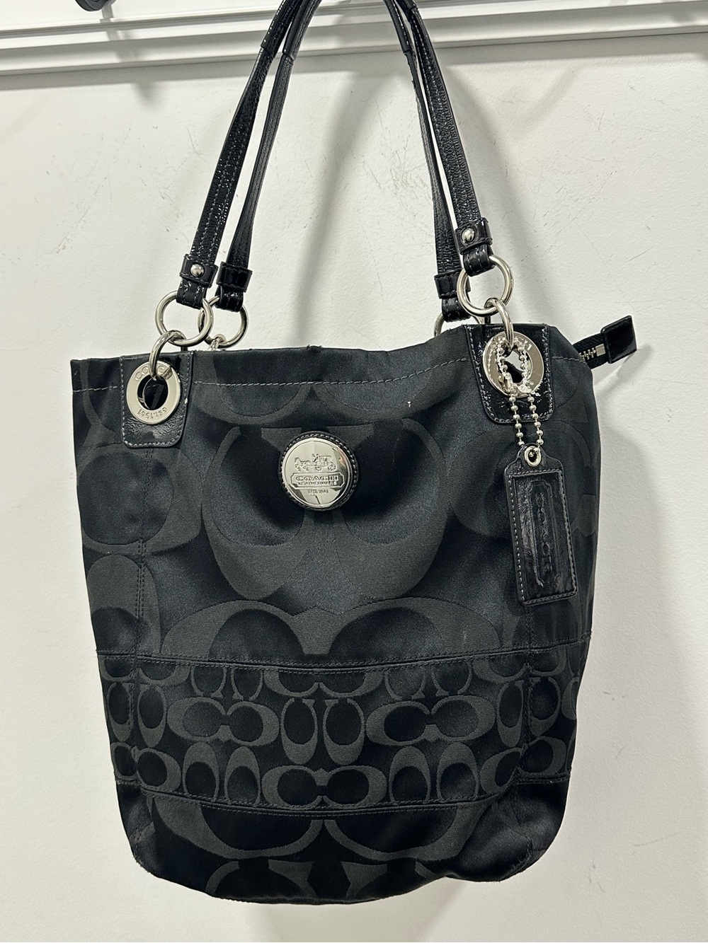 Coach Black Signature Jacquard Tote Bag Silver Hardware Leather Trim - Picture 2 of 10